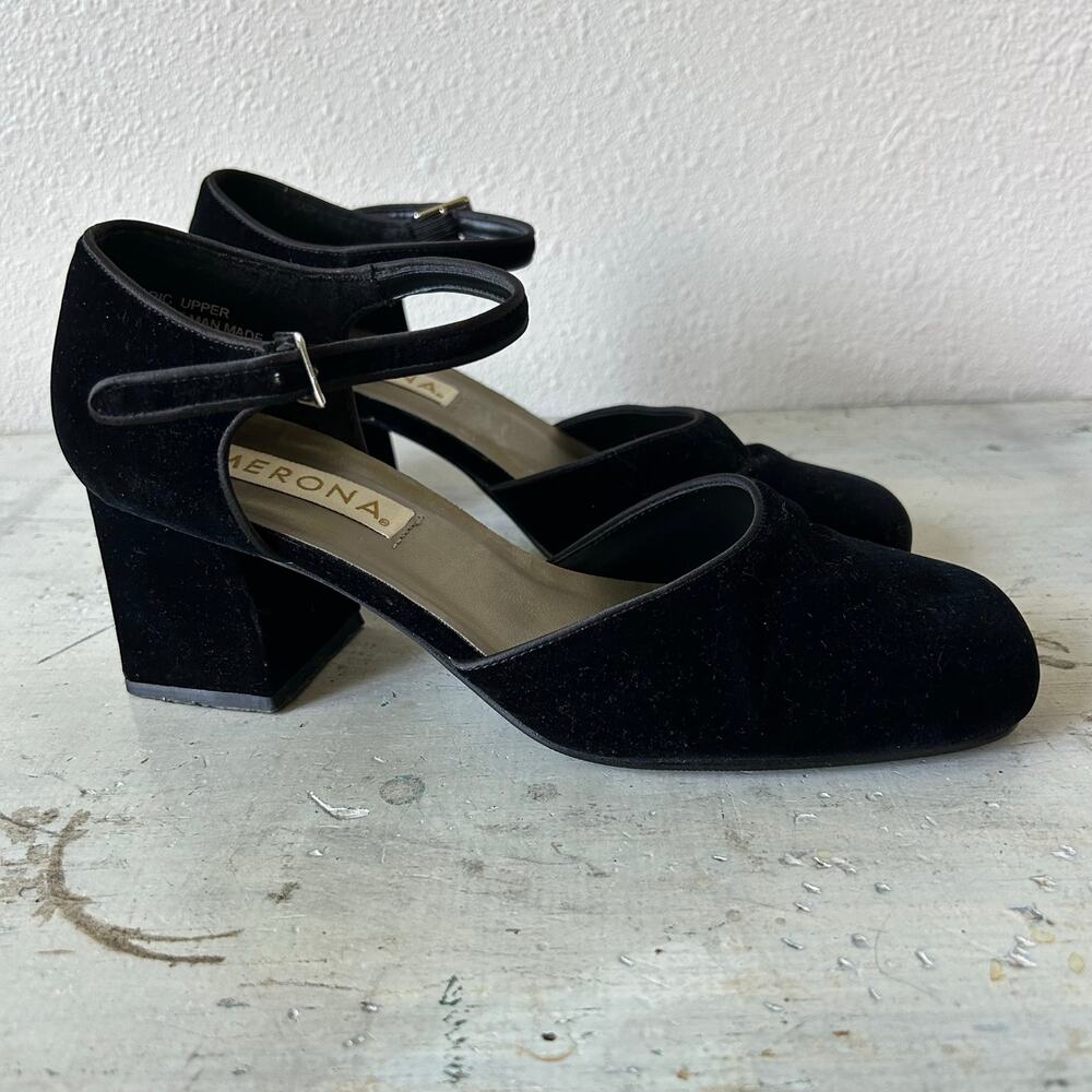 Merona Black Velvet Mary Jane Block Heel Pumps Women's Size 7.5 - Picture 4 of 11